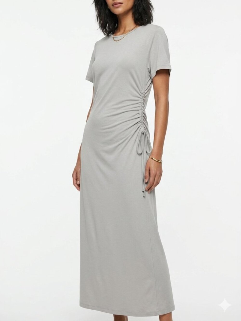 UCHUU GREY BEIGE SHORT SLEEVE ONE SIDE SLIT DRAWSTRING DETAIL SHIFT MAXI DRESS